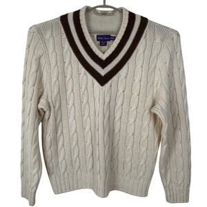 Ralph Lauren Purple Label Cream Cable Knit V-neck Varsity Sweater linen cashmere